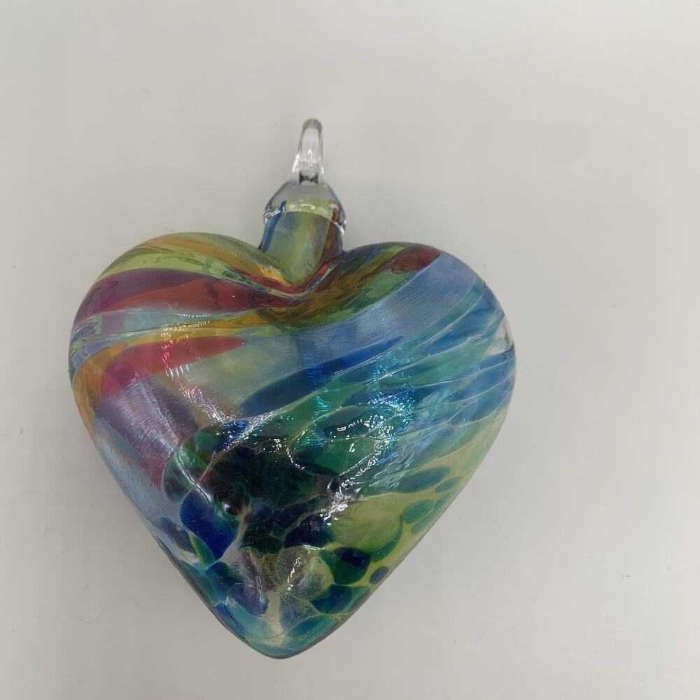 Glass Eye Studio Hand Blown Art Glass Heart Ornament Rainbow Swirl 4”